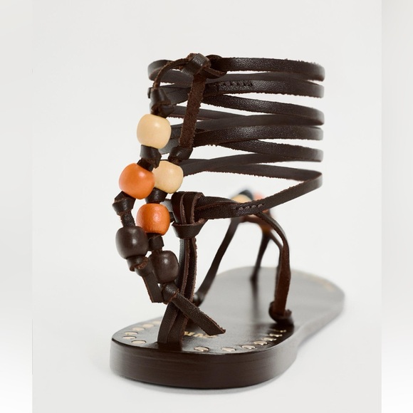 NWT Zara Woman BEADED LACE UP LEATHER SANDALS Shoes Size 8 - Picture 5 of 13